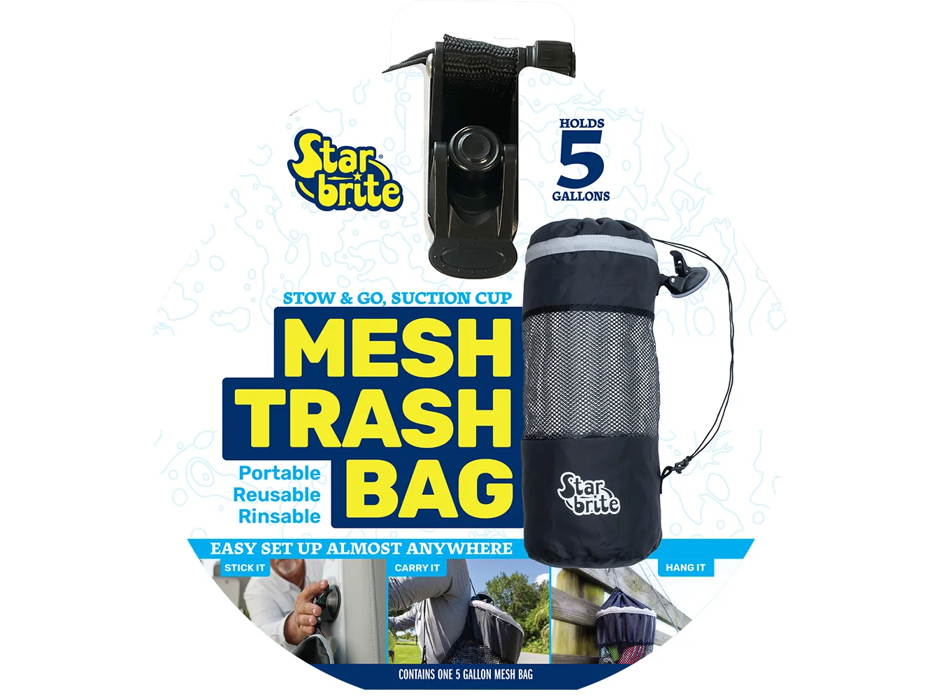 Star brite Mesh Trash Bag w/Locking Suction Cup & Litter Guard Cinch Tie - 5 Gallons