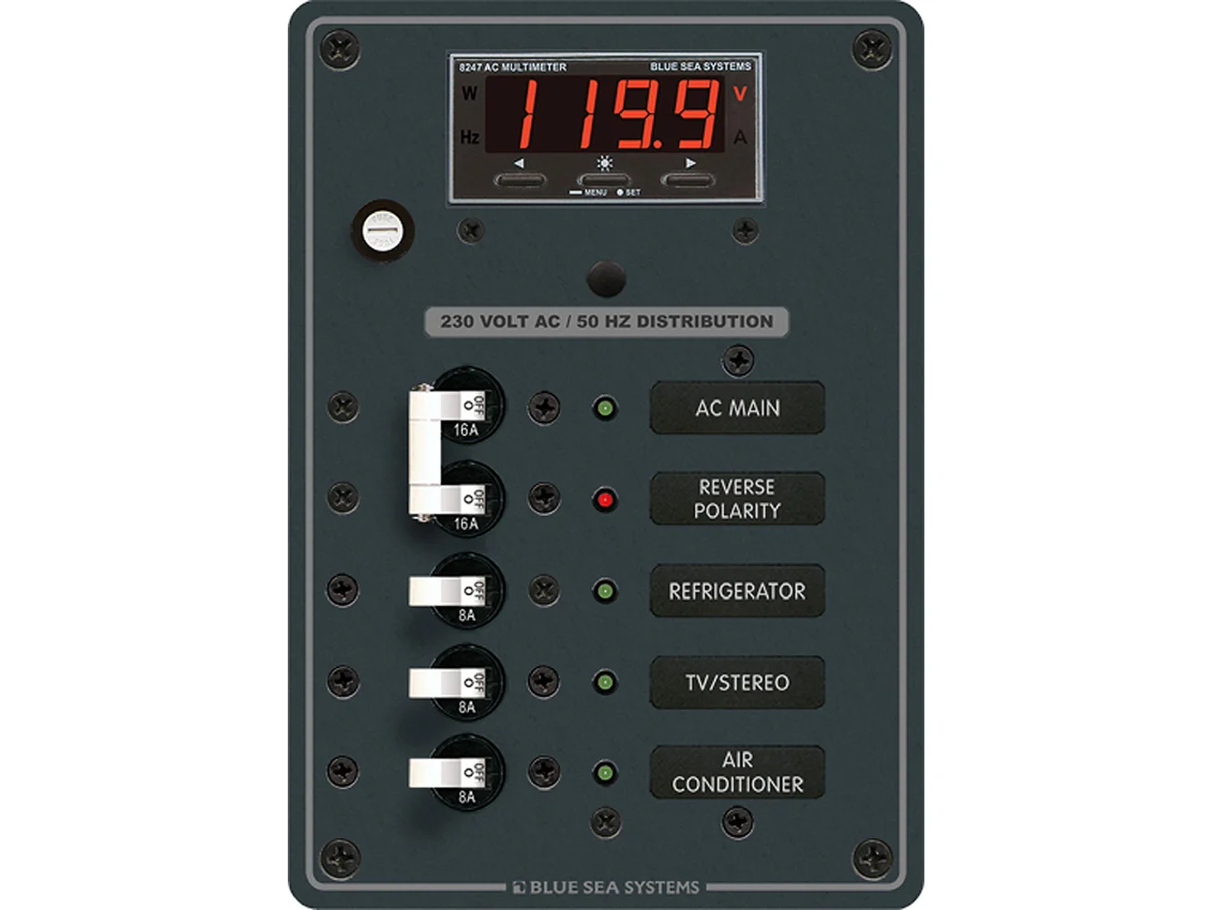 Blue Sea 8505 AC Main + Branch A-Series Toggle Circuit Breaker Panel (230V) - Main + 3 Position