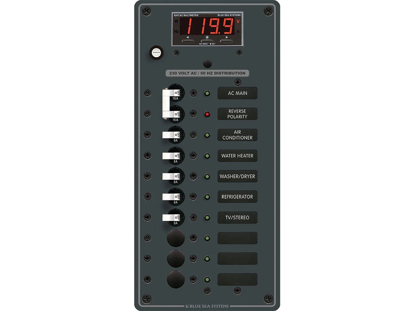 Blue Sea 8506 Breaker Panel - AC Main + 8 Positios (European) - White