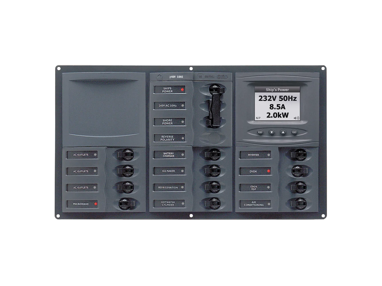 BEP AC Circuit Breaker Panel w/Digital Meters, 12SP 2DP AC230V ACSM Stainless Steel Horizontal