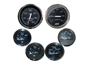 Faria Chesapeake Black w/Stainless Steel Bezel Boxed Set of 6 - Speed, Tach, Fuel Level, Voltmeter, Water Temperature & Oil PSI - Inboard Motors