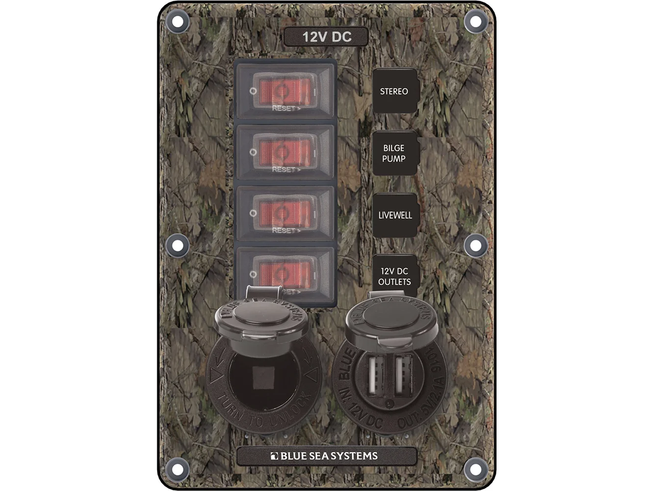 Blue Sea 4324 Circuit Breaker Switch Panel 4 Postion - Camo w/12V Socket & Dual USB