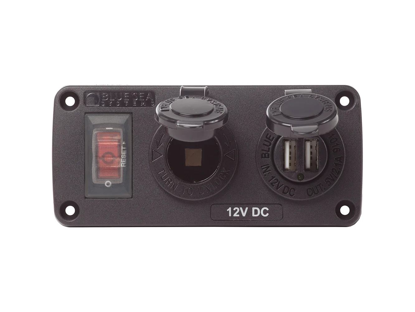 Blue Sea 4363 Water Resistant USB Accessory Panels - 15A Circuit Breaker, 12V Socket, 2.1A Dual USB Charger