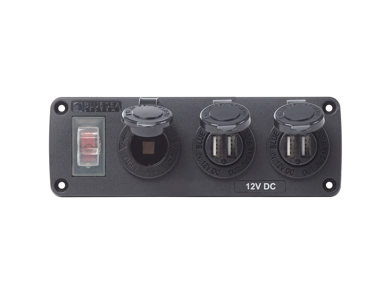 Blue Sea 4365 Water Resistant USB Accessory Panel - 15A Circuit Breaker, 12V Socket, 2x 2.1A Dual USB Chargers