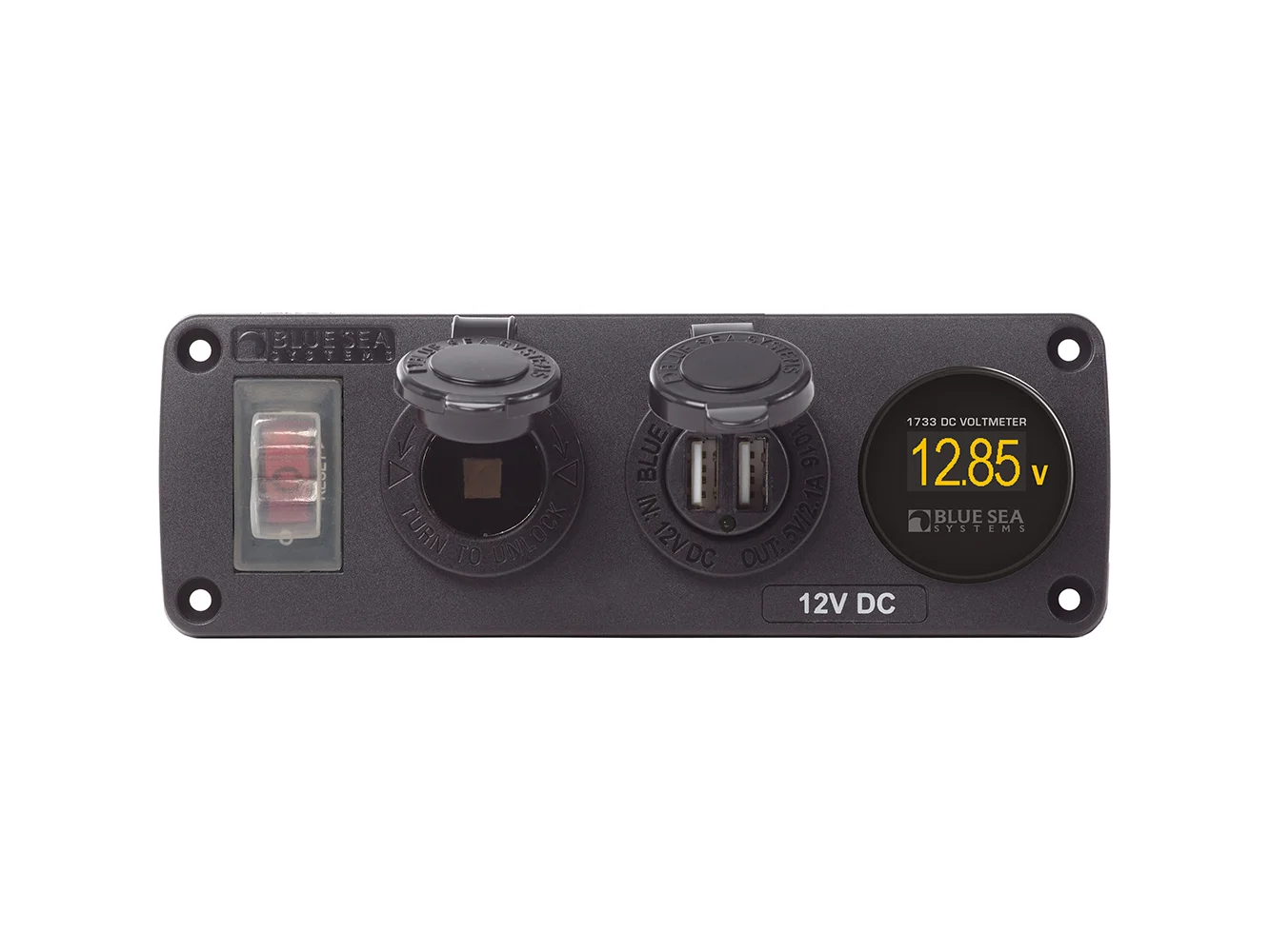 Blue Sea 4366 Water Resistant USB Accessory Panel - Circuit Breaker, 12V Socket, Dual USB Charger, Mini Voltmeter