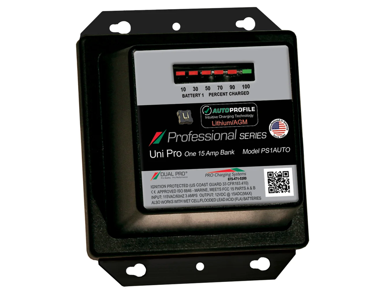 Dual Pro PS1 Auto 15A - 1-Bank Lithium/AGM Battery Charger