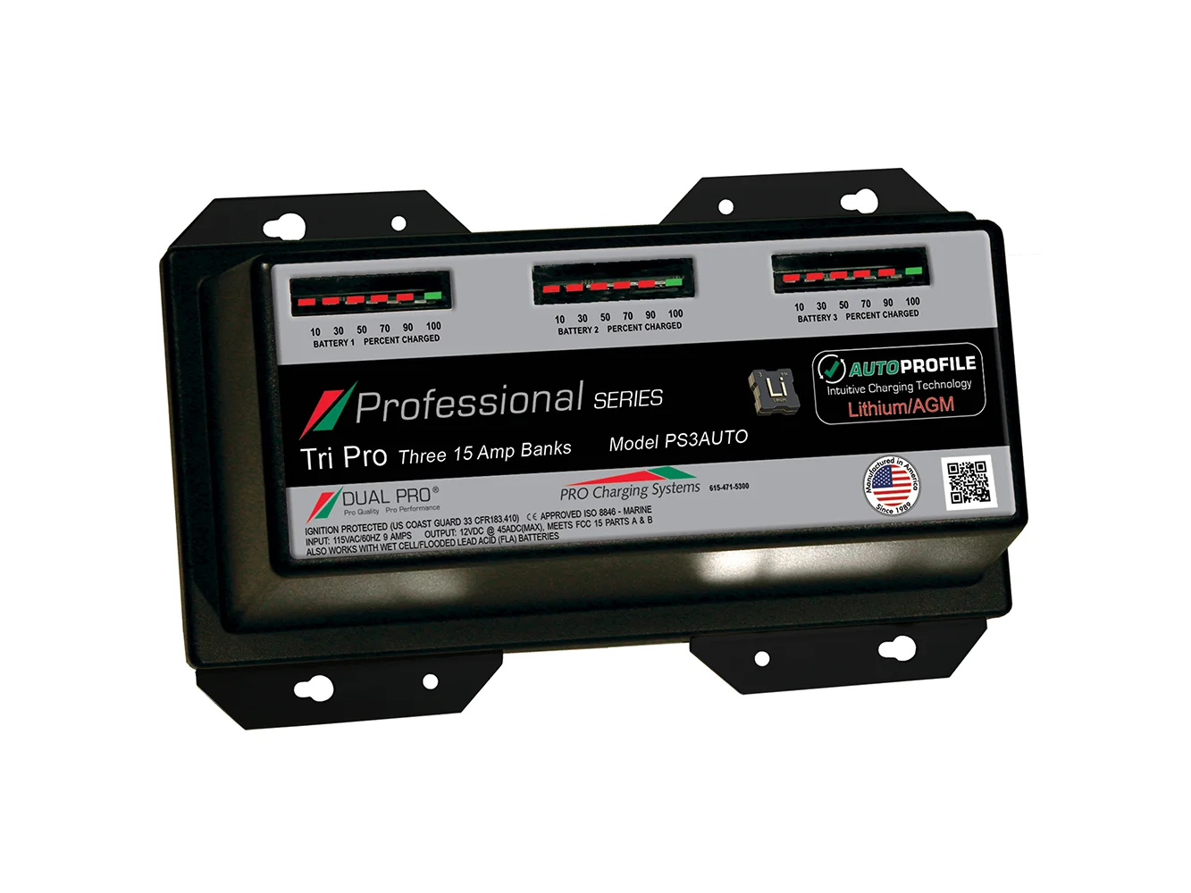 Dual Pro PS3 Auto 15A - 3-Bank Lithium/AGM Battery Charger