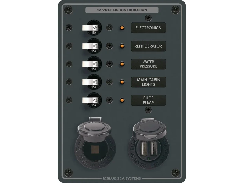 Blue Sea 8120 - 5 Position 12V Panel w/Dual USB & 12V Socket