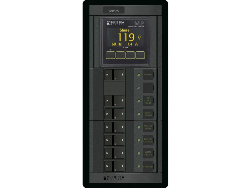 Blue Sea 1505 - 360 Panel - Main + 6 Position 120V AC Flat Rocker w/M2 AC Multimeter