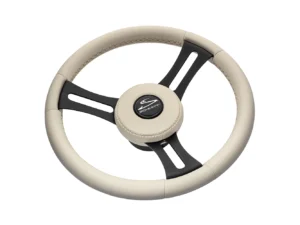 Schmitt Marine Torcello Elite 14" Wheel - Beige Leather & Cap - White Stitching - Black SS Spokes - 3/4" Tapered Shaft