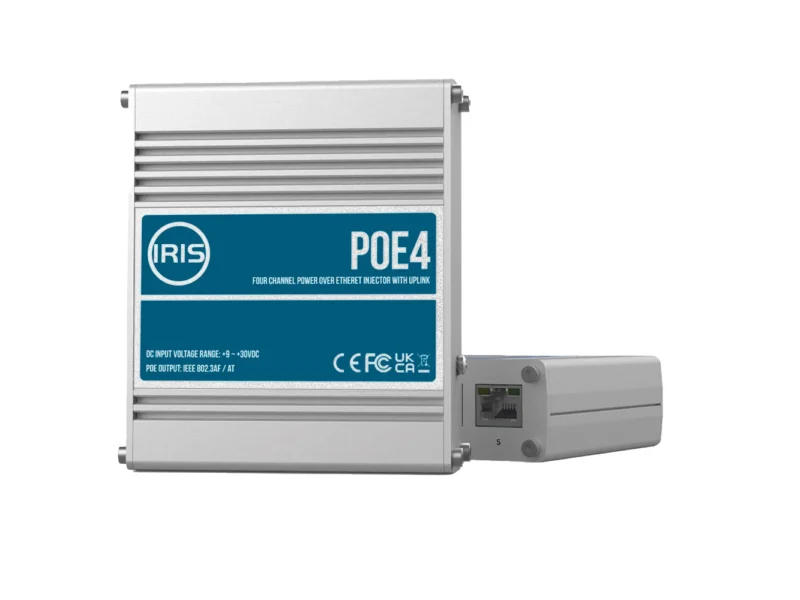 Iris Four Channel Uplink Power Over Ethernet Switch - IEEE802.3af & 3at Compliant - 9-30VDC Input - 48VDC Output