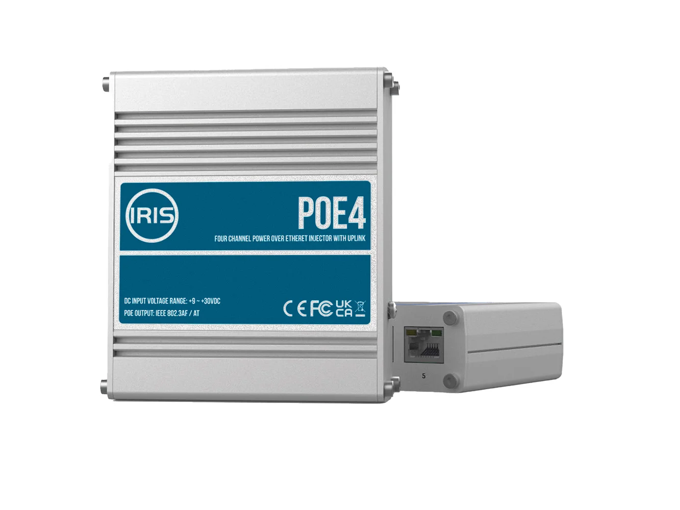 Iris Four Channel Uplink Power Over Ethernet Switch - IEEE802.3af & 3at Compliant - 9-30VDC Input - 48VDC Output